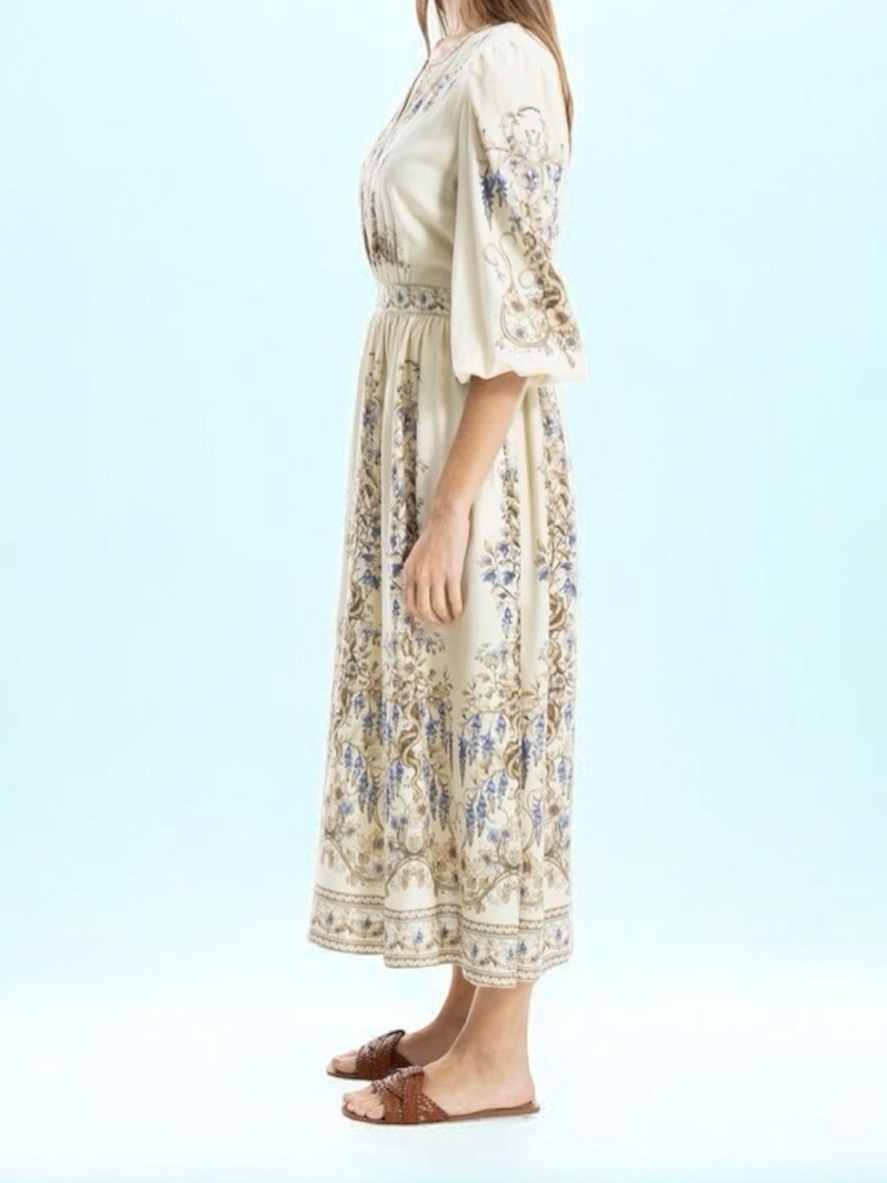 Floral Print Balloon Sleeve Maxi linen Dress long sleeve - Picture 3 of 10